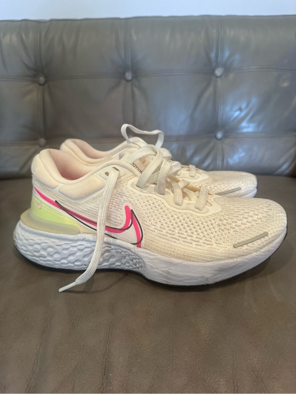 Nike Women's Cream Running Sneakers with Pink Swoosh